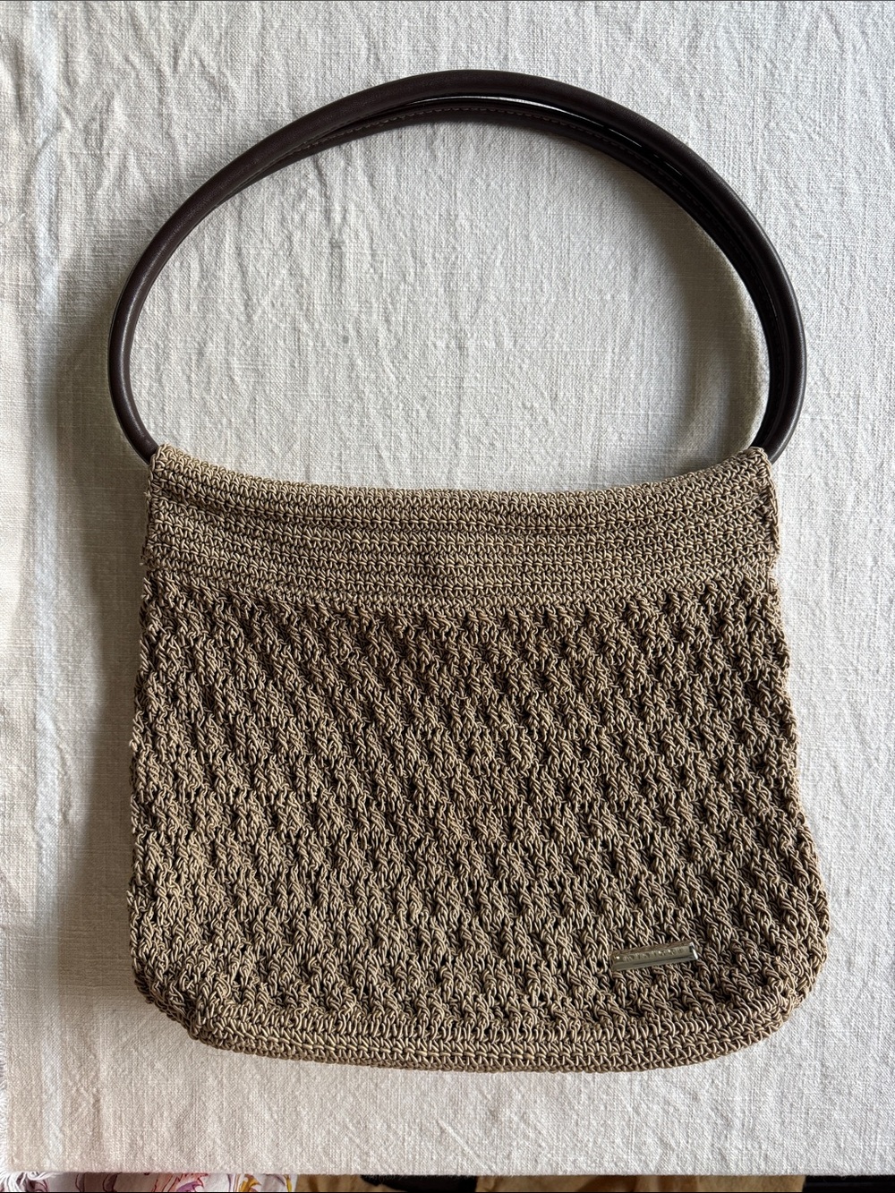 Minicci Taupe Woven Shoulder Bag with Dark Brown Handle